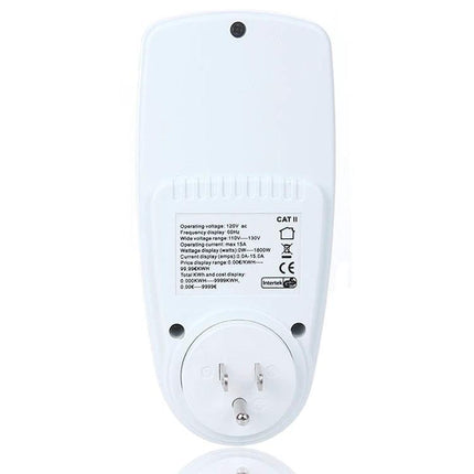 LCD Electricity Usage Monitor for Home Energy Tracking plugged into outlet showing rear view and LCD energy tracking device