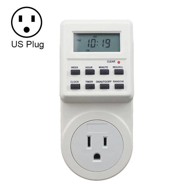 US Plug Smart Home Timer Switch with LCD Display and Clock Functions digital timer showing 10:19 for lights and appliances