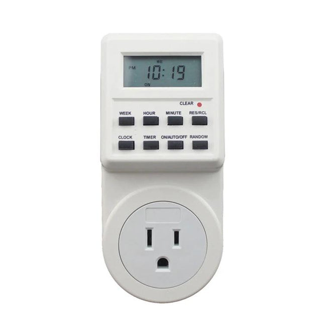 US Plug Smart Home Timer Switch with LCD Display and Clock Functions - white programmable outlet timer showing 10:19 on LCD