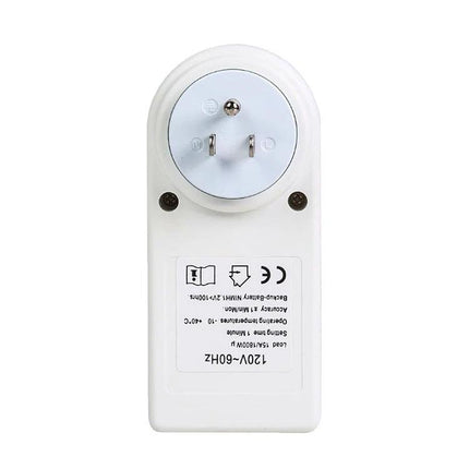 US Plug Smart Home Timer Switch with LCD Display and Clock Functions white plug front view showing prongs and labels