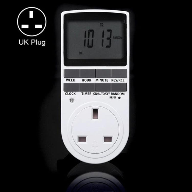 Smart Programmable Timer Plug with LCD Screen for UK Devices showing LCD display and UK three-pin socket