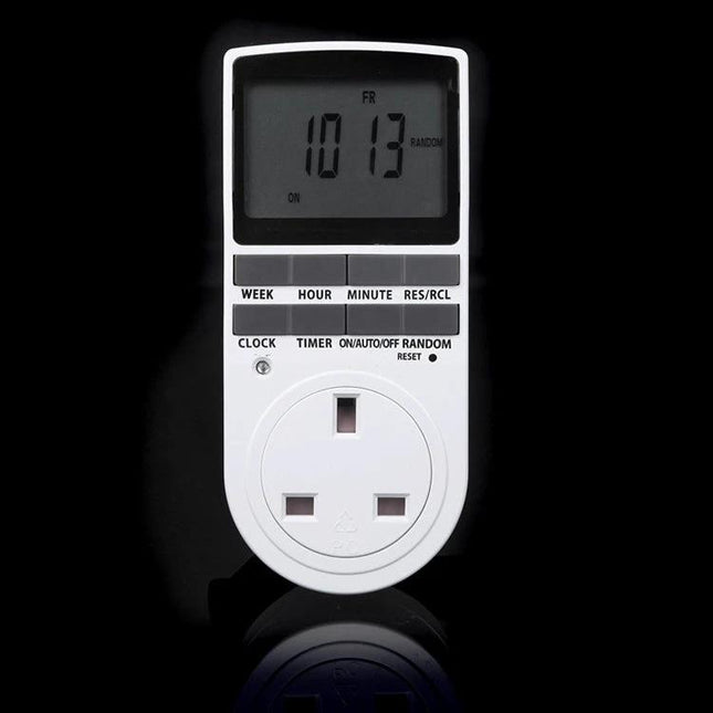 Smart Programmable Timer Plug with LCD Screen for UK Devices - white UK plug timer with LCD display and buttons for scheduling, energy saving and security