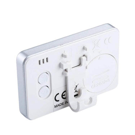 Mini Refrigerator Thermometer With Digital LCD Display showing white compact back with battery compartment, magnet and hook mounting options