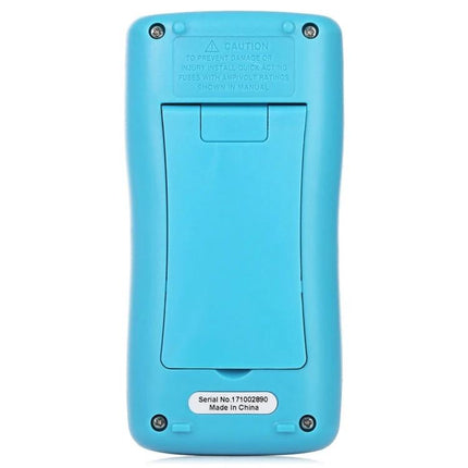 Portable Digital Multimeter for Everyday Electrical Testing — compact blue handheld multimeter rear view with battery cover and serial label