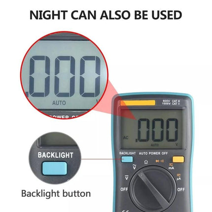 Portable Digital Multimeter for Everyday Electrical Testing showing backlight button and clear auto-ranging LCD display