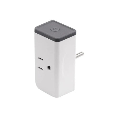 Sonoff S31 Smart Plug with Remote Control and Energy Monitoring shown plugged into US outlet, white compact WiFi energy-monitoring smart plug