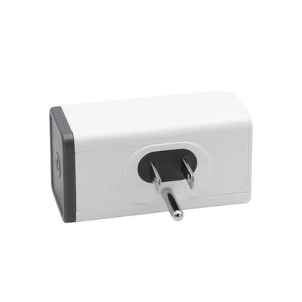 Sonoff S31 Smart Plug with Remote Control and Energy Monitoring shown plugged into US outlet, compact white energy-monitoring smart plug