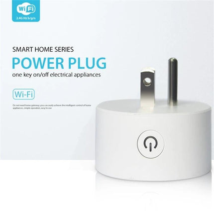 NEO WiFi Smart Power Plug with Remote and Timing Control via App showing white round plug with power button and app-controlled remote timing features