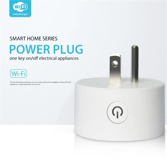 NEO WiFi Smart Power Plug with Remote and Timing Control via App showing white round plug with power button and app-controlled remote timing features