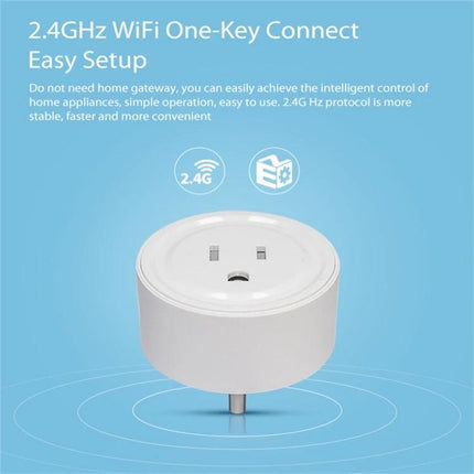 NEO WiFi Smart Power Plug with Remote and Timing Control via App — white 2.4GHz smart plug shown on blue background demonstrating one-key connect and easy setup