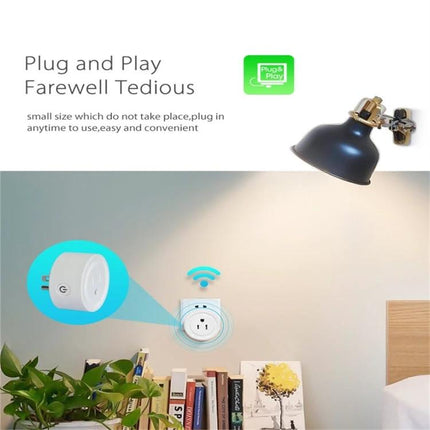 NEO WiFi Smart Power Plug with Remote and Timing Control via App white plug shown controlling bedside lamp remotely