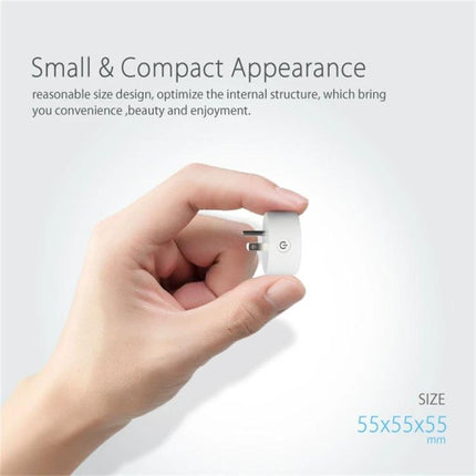 NEO WiFi Smart Power Plug with Remote and Timing Control via App — compact white plug held between fingers, 55x55x55mm size