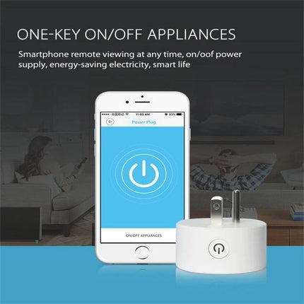 NEO WiFi Smart Power Plug with Remote and Timing Control via App showing plug and smartphone app one-key on/off