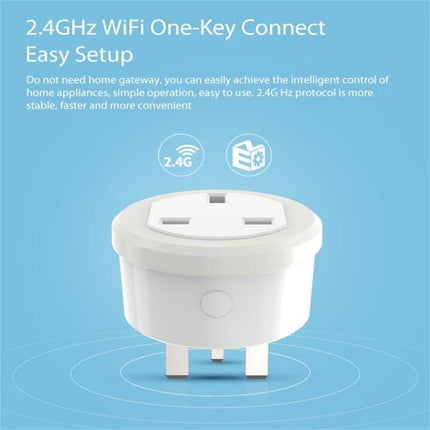 NEO WiFi Smart Power Plug with App and Timer Control for UK Outlets showing white round plug on blue background with 2.4GHz one-key connect text