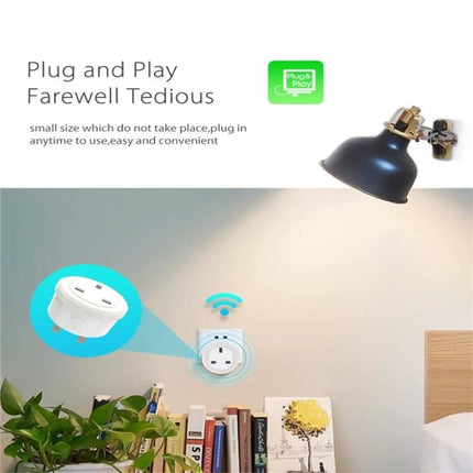 NEO WiFi Smart Power Plug with App and Timer Control for UK Outlets shown powering a bedside lamp with app timer and plug-and-play text