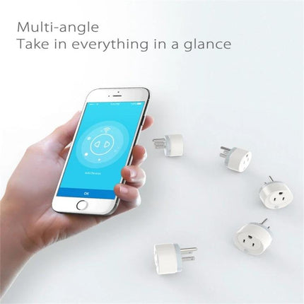 NEO WiFi Smart Power Plug with App and Timer Control for UK Outlets showing smartphone app controlling multiple UK plug adapters
