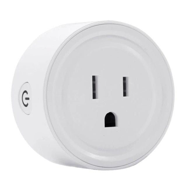Compact WiFi-Enabled Smart Plug for Scheduling Devices shown in white circular design with power button for remote app control and timers