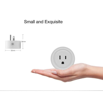 Compact WiFi-Enabled Smart Plug for Scheduling Devices shown compact in hand with dimensions and power button