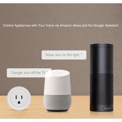Compact WiFi-Enabled Smart Plug for Scheduling Devices shown with voice assistants Amazon Alexa and Google Home controlling appliances