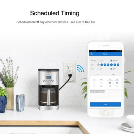 Compact WiFi-Enabled Smart Plug for Scheduling Devices controlling coffee maker with app scheduled timing