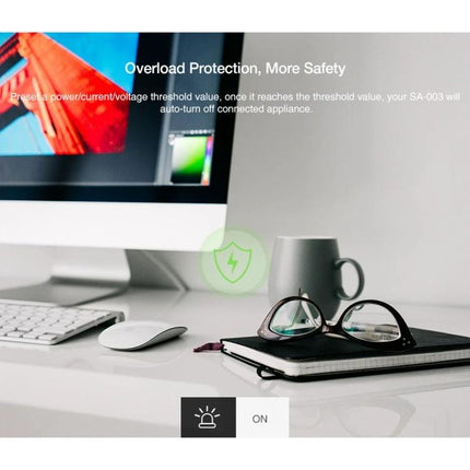 Compact WiFi-Enabled Smart Plug for Scheduling Devices shown on a tidy desk controlling a monitor and lamp with scheduling and overload protection