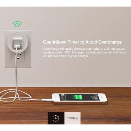 Compact WiFi-Enabled Smart Plug for Scheduling Devices showing phone charging with countdown timer to avoid overcharge