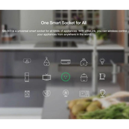 Compact WiFi-Enabled Smart Plug for Scheduling Devices shown in a kitchen with app-controlled icons illustrating timers for coffee maker, heater and household appliances