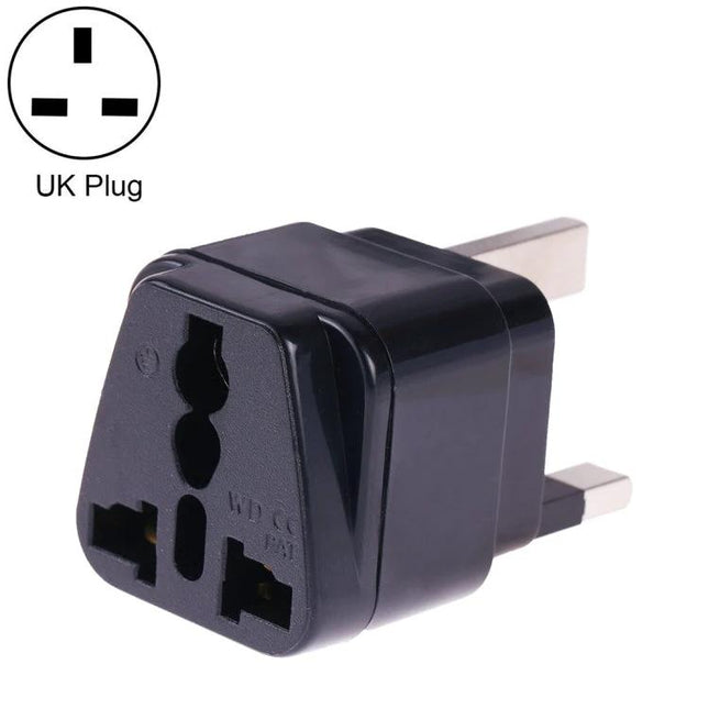 Portable Universal Socket Adapter with Fuse for UK, US, EU Plugs compact black travel adapter showing UK plug prongs and universal receptacle