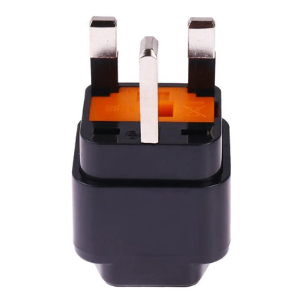 Portable Universal Socket Adapter with Fuse for UK, US, EU Plugs black UK plug adapter shown front view with safety fuse
