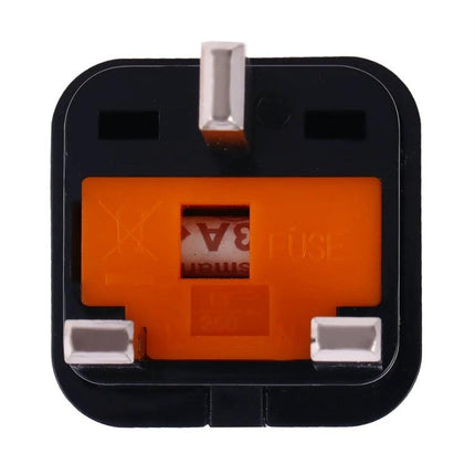 Portable Universal Socket Adapter with Fuse for UK, US, EU Plugs showing UK plug face and visible orange fuse compartment