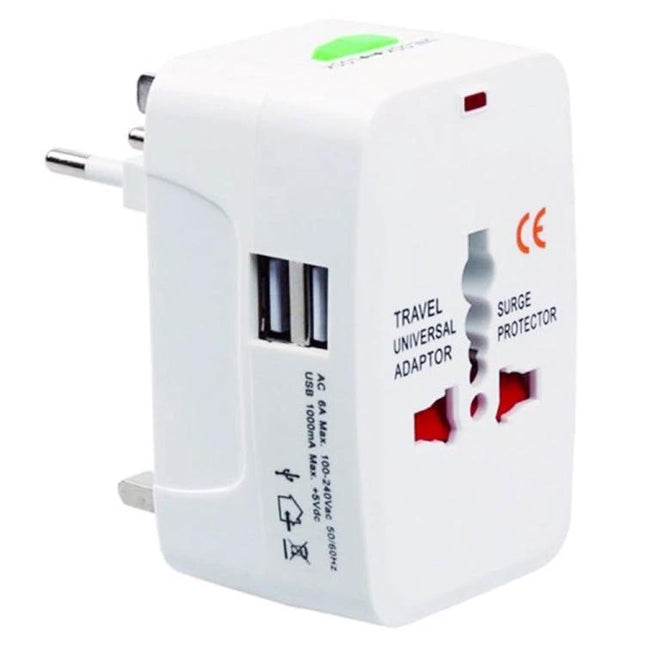 Essential Adapter for Charging Devices During International Travel - white universal travel adapter with dual USB ports and surge protector