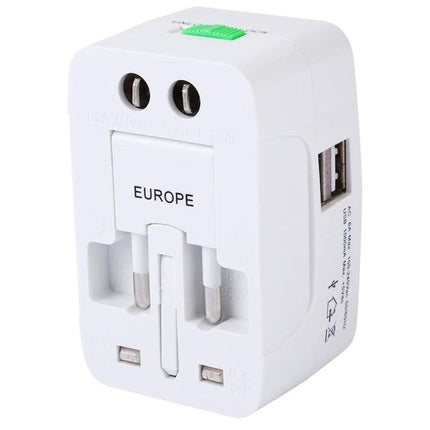 Essential Adapter for Charging Devices During International Travel white universal plug with Europe slide-out prongs and dual USB ports