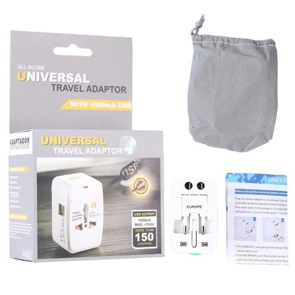 Essential Adapter for Charging Devices During International Travel - universal travel adapter with dual USB, pouch and instructions for Europe/Asia trips