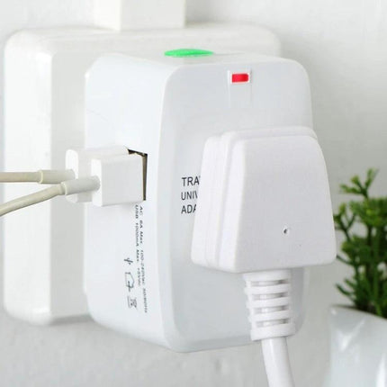 Essential Adapter for Charging Devices During International Travel - white universal travel plug powering two devices in hotel room