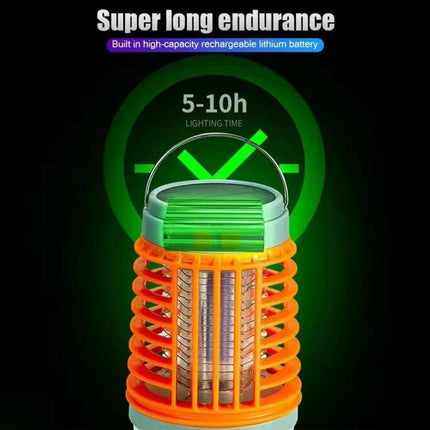 E SMARTER Outdoor Solar Mosquito Light Trap For Yard And Patio showing orange protective grid, green solar top, and 5-10h lighting time indicator