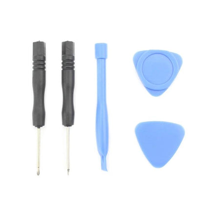 5-in-1 Tool Kit for iPhone Battery Opening and Repair—compact set with two screwdrivers, plastic pry tool and three blue opening picks for safe DIY battery replacement