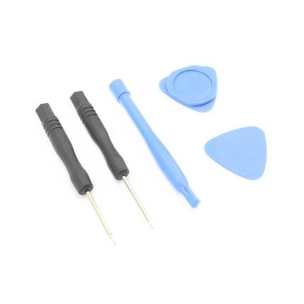 5-in-1 Tool Kit for iPhone Battery Opening and Repair — set of black screwdrivers, blue pry tool and plastic opening picks for safe DIY battery replacement