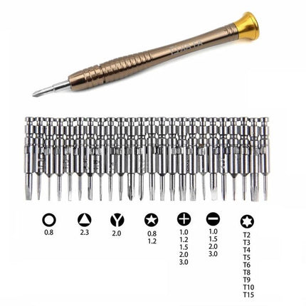 JIAFA 24-Piece Multi-Functional Screwdriver Set with Carrying Bag – precision driver handle with 24 interchangeable bits laid out for home repairs and DIY