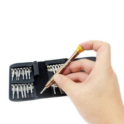 JIAFA 24-Piece Multi-Functional Screwdriver Set with Carrying Bag showing bits organizer and precision driver in hand