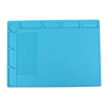 Silicone Repair Mat for Organizing Parts and Tools, 35cm x 25cm - blue silicone work mat with grid sections and tool trays for electronics repair