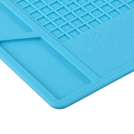 Silicone Repair Mat for Organizing Parts and Tools, 35cm x 25cm - blue silicone mat with grid lines and compartments for small parts