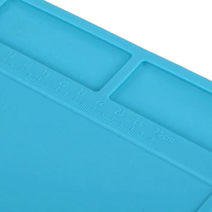 Silicone Repair Mat for Organizing Parts and Tools, 35cm x 25cm — blue silicone mat with grid ruler and small parts trays for electronics repair