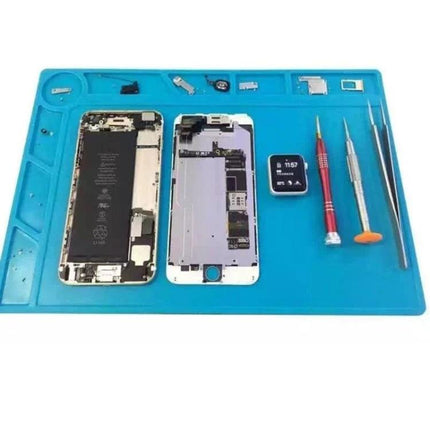 Silicone Repair Mat for Organizing Parts and Tools, 35cm x 25cm - blue mat holding disassembled smartphone, small parts, screwdrivers and tweezers, grid organizing workspace