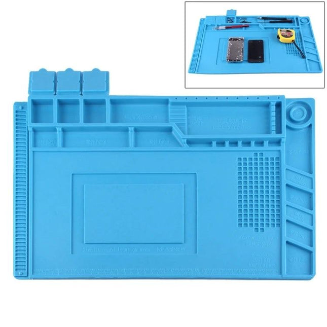 Silicone Maintenance Mat for Electronics Repairs, 45cm x 30cm - blue silicone work mat with compartments for phone repair and small components