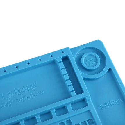 Silicone Maintenance Mat for Electronics Repairs, 45cm x 30cm - blue silicone work mat with compartments for screws and small parts