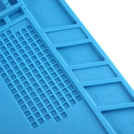 Silicone Maintenance Mat for Electronics Repairs, 45cm x 30cm - blue silicone mat with magnetic labeled compartments and grid work area