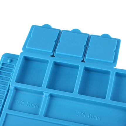 Silicone Maintenance Mat for Electronics Repairs, 45cm x 30cm - blue silicone mat with multiple parts compartments and removable lids