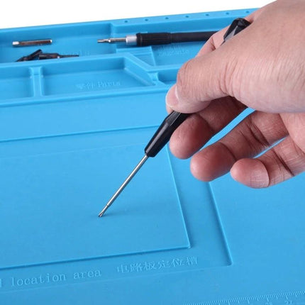 Silicone Maintenance Mat for Electronics Repairs, 45cm x 30cm showing a hand using a screwdriver on organized compartments