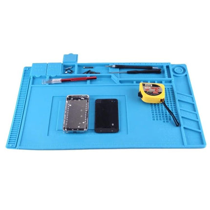 Silicone Maintenance Mat for Electronics Repairs, 45cm x 30cm - blue silicone work mat with phone parts, tools and tape measure