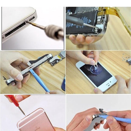 Versatile Multi-Purpose Opening Tool Set for Smartphones Repair shown with pry tools, screwdrivers, suction cup and spudgers disassembling various smartphones